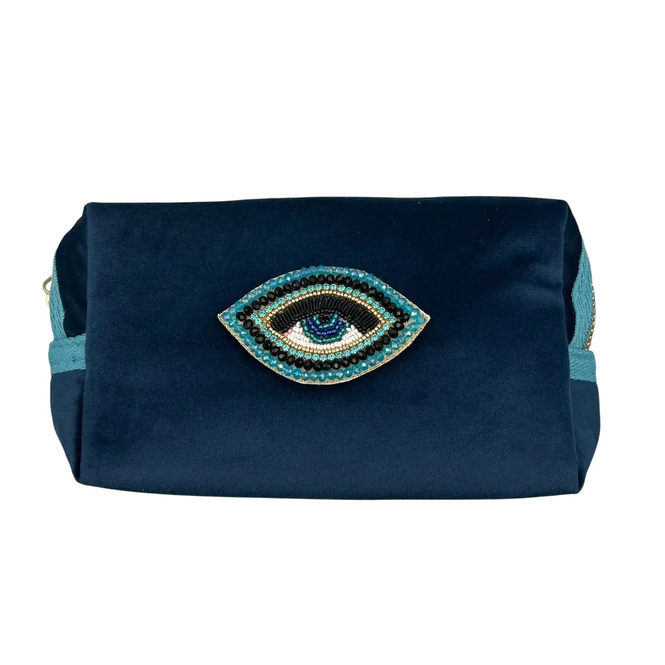Dark blue makeup bag with Turquoise Eye brooch