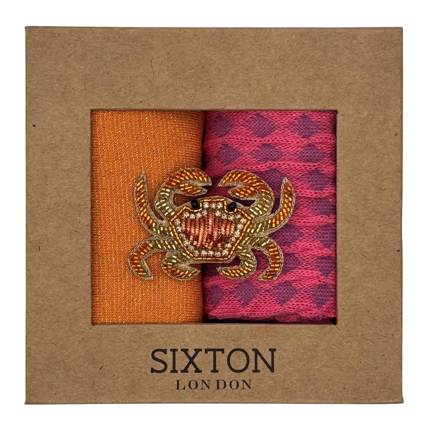 Cantaloupe Tokyo & Pink Estoril sock box duo with embroidered brooch