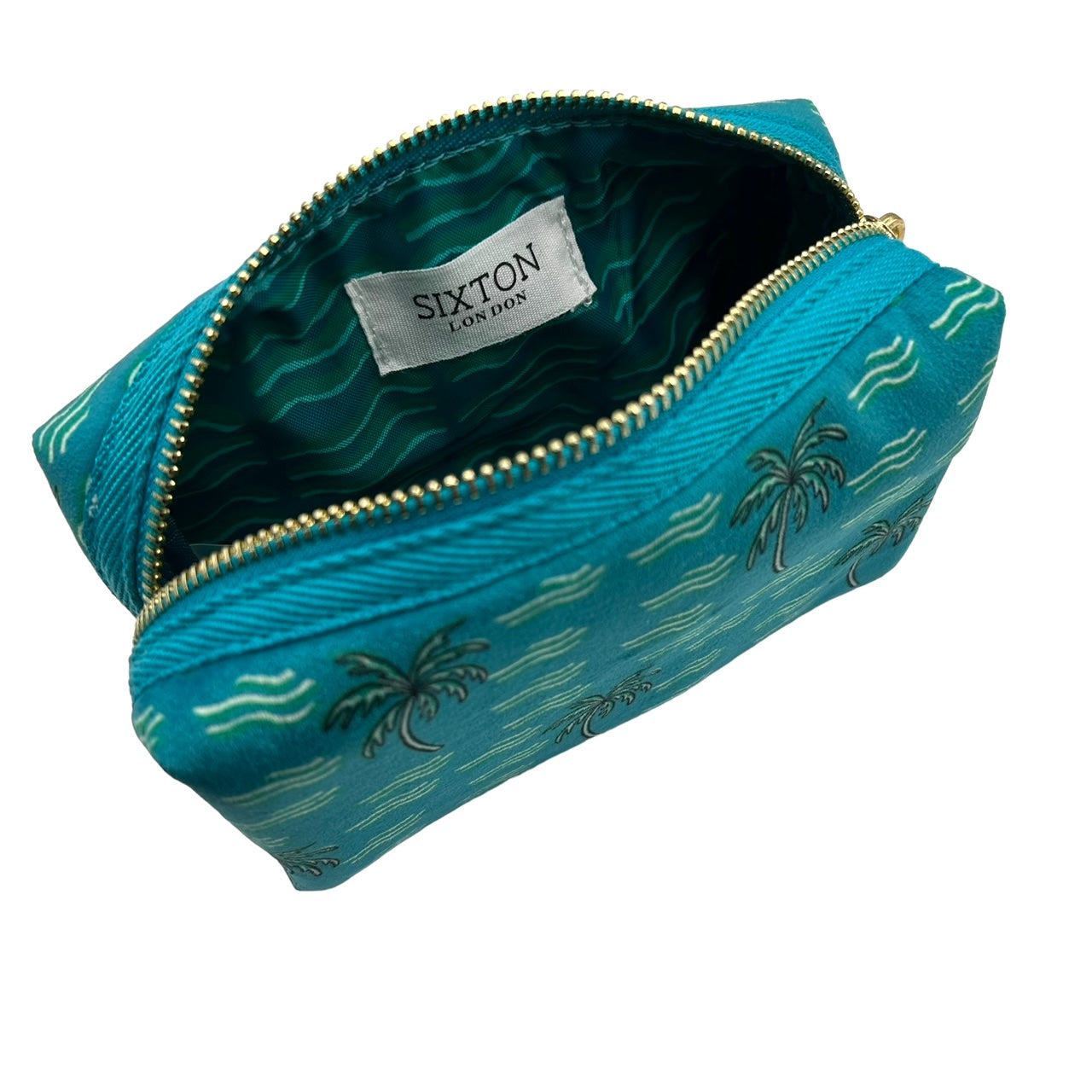 Teal palm tree makeup bag - recycled velvet (two sizes)