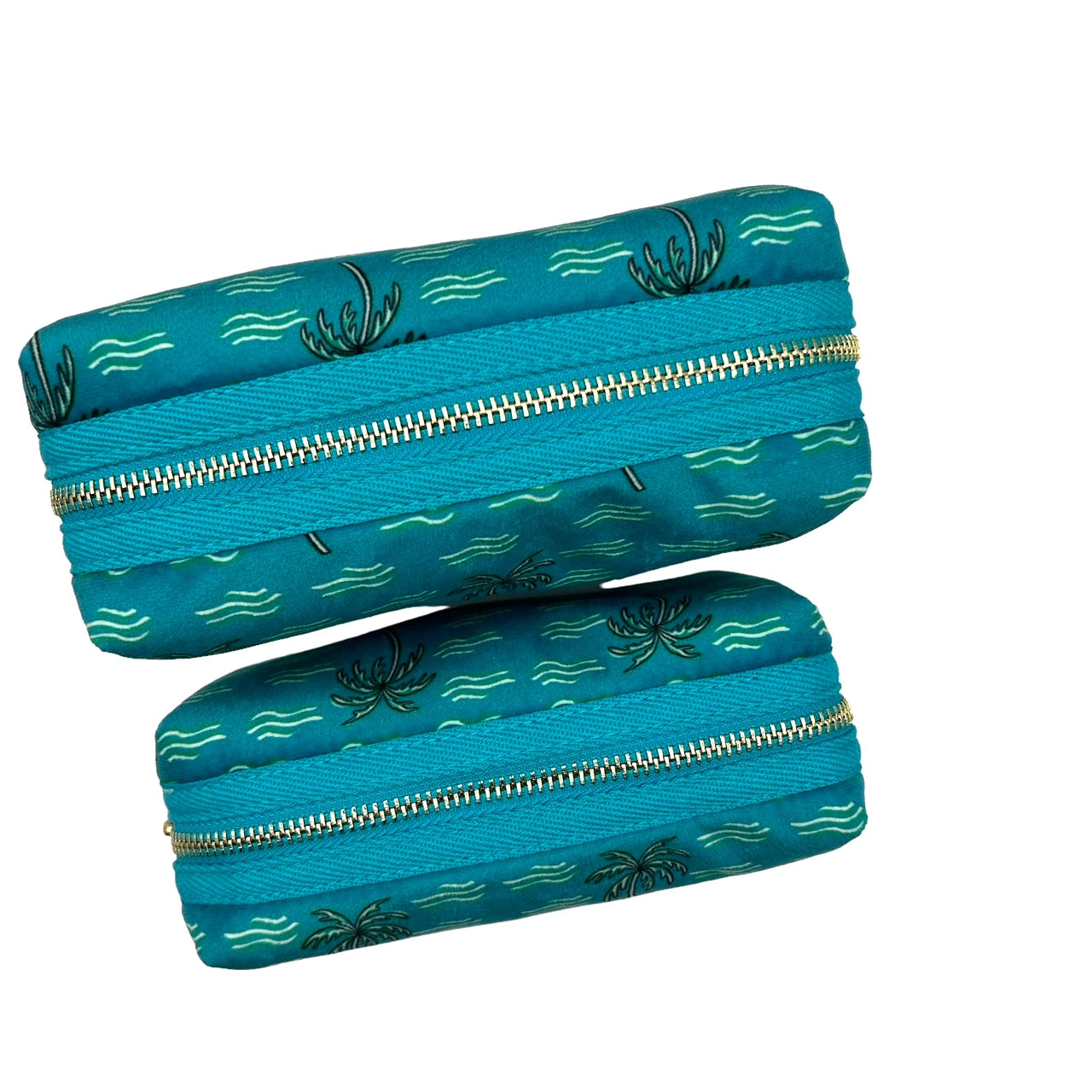 Teal palm tree makeup bag - recycled velvet (two sizes)