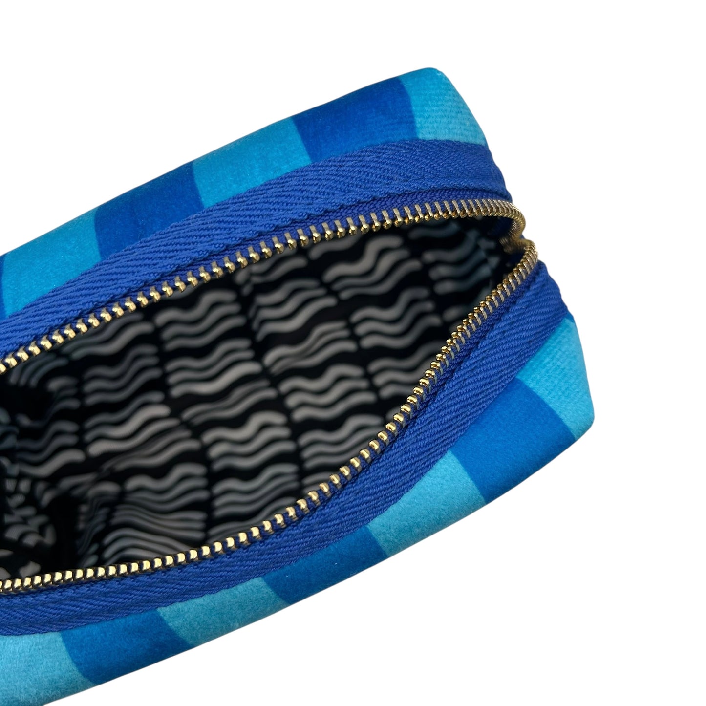 Large blue stripe makeup bag with Leopard brooch