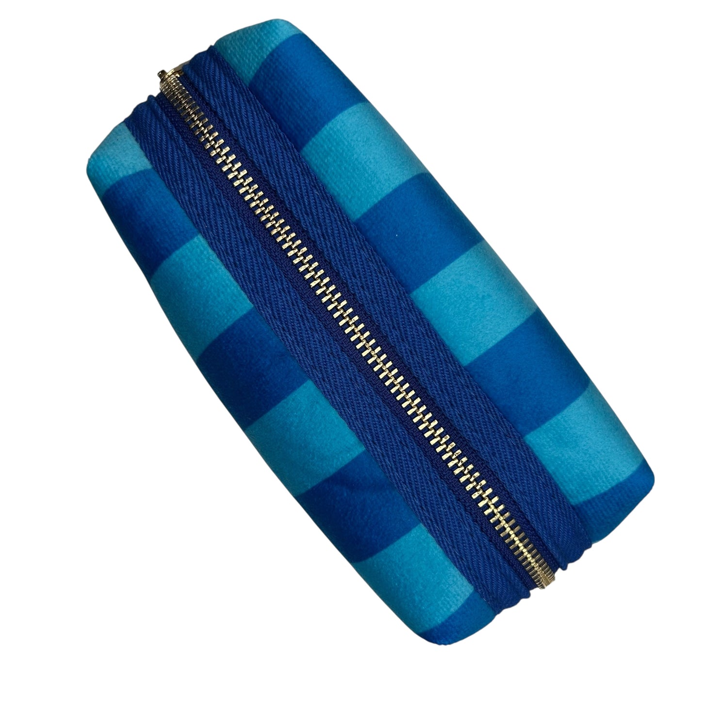 Large blue stripe makeup bag with Leopard brooch