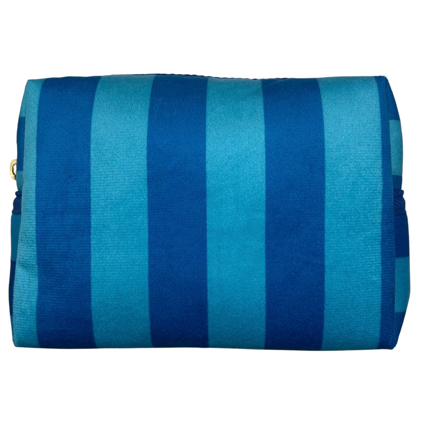 Large blue stripe makeup bag with Leopard brooch