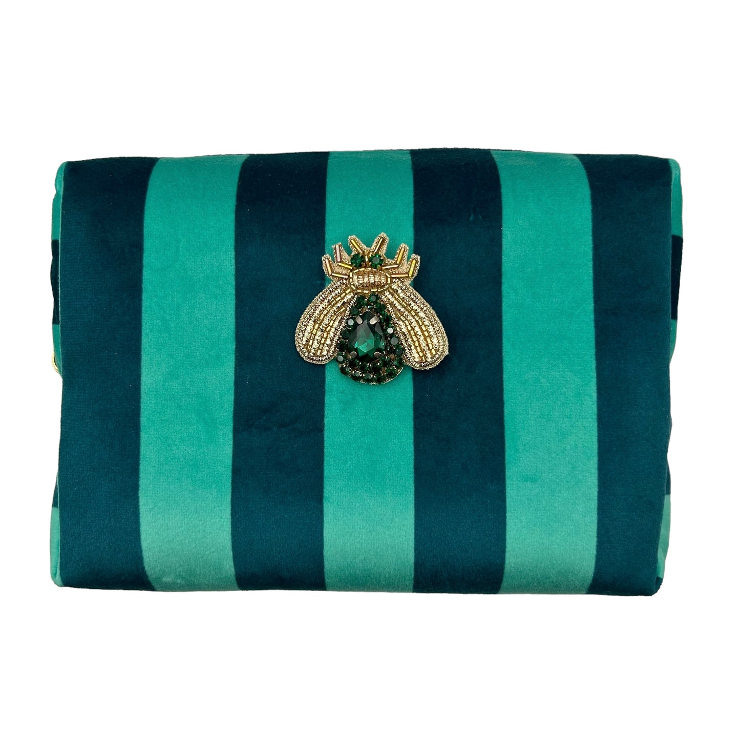 Teal stripe makeup bag with Green Jewelled Insect brooch (two sizes)