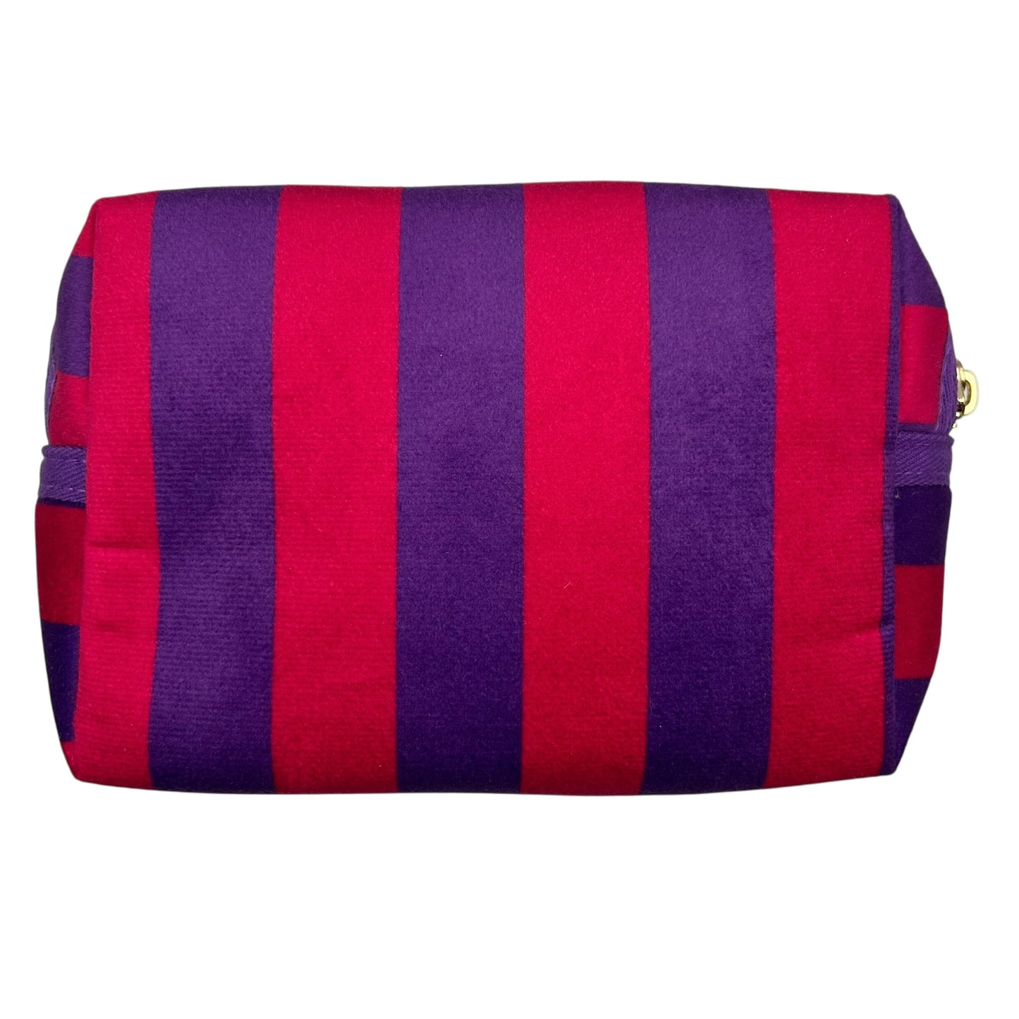 Large purple stripe makeup bag with Gold Sparkle Eye brooch