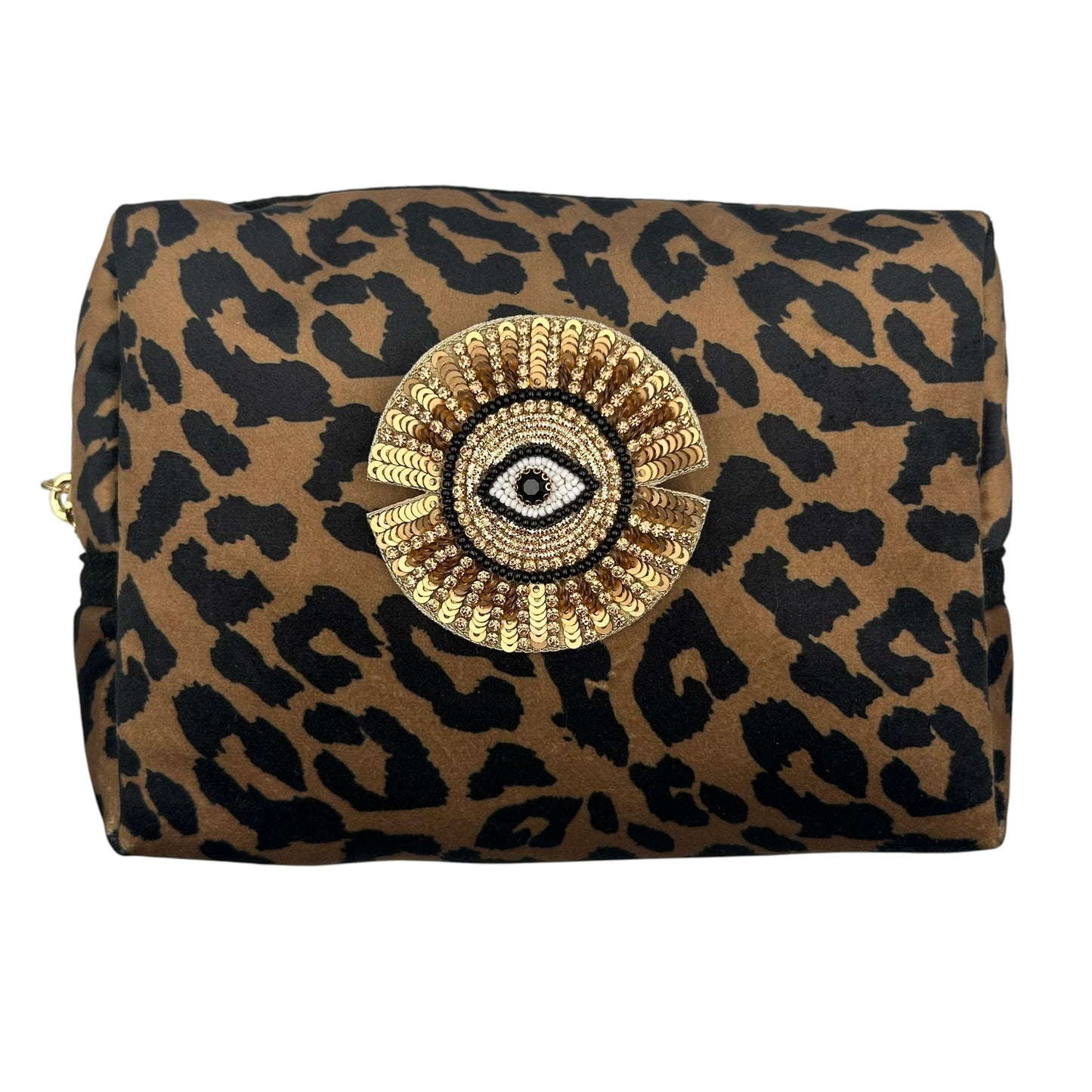 Leopard print makeup bag with Sunray Eye brooch (two sizes)