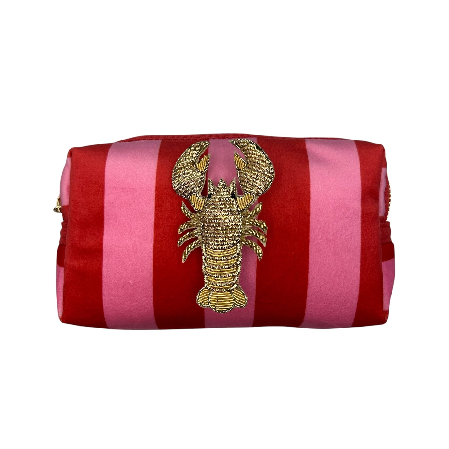 Pink stripe makeup bag with Lobster brooch (two sizes)