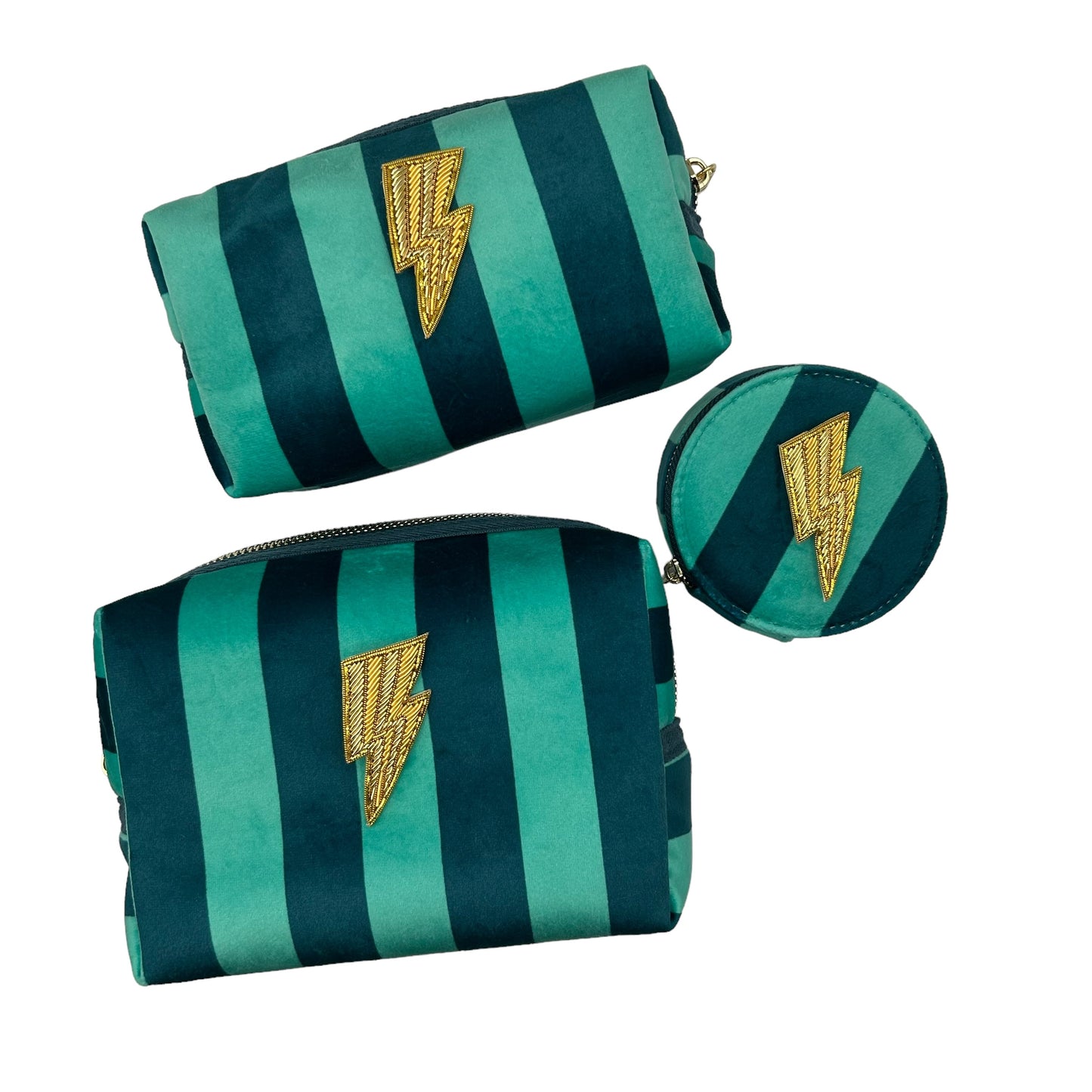 Teal stripe makeup bag with Lightning Bolt brooch (two sizes)