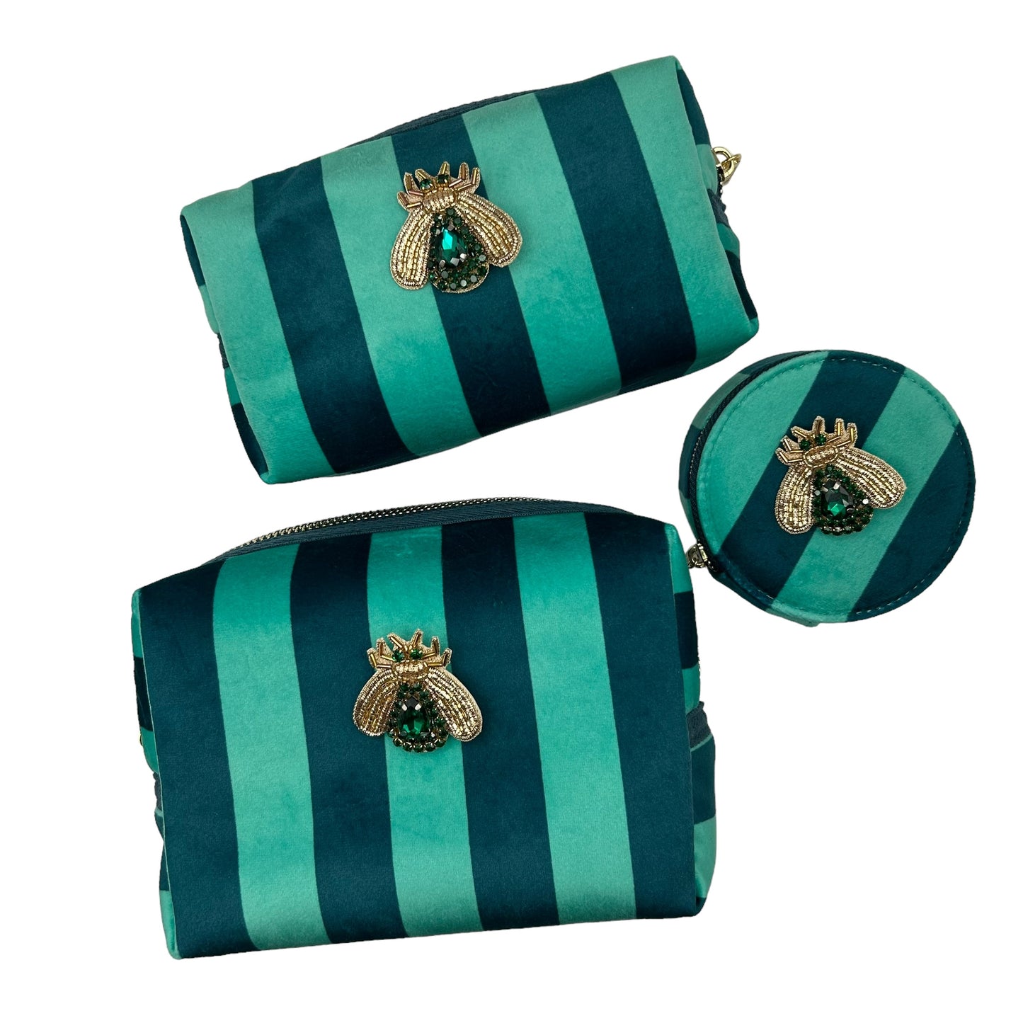 Teal stripe makeup bag with Green Jewelled Insect brooch (two sizes)