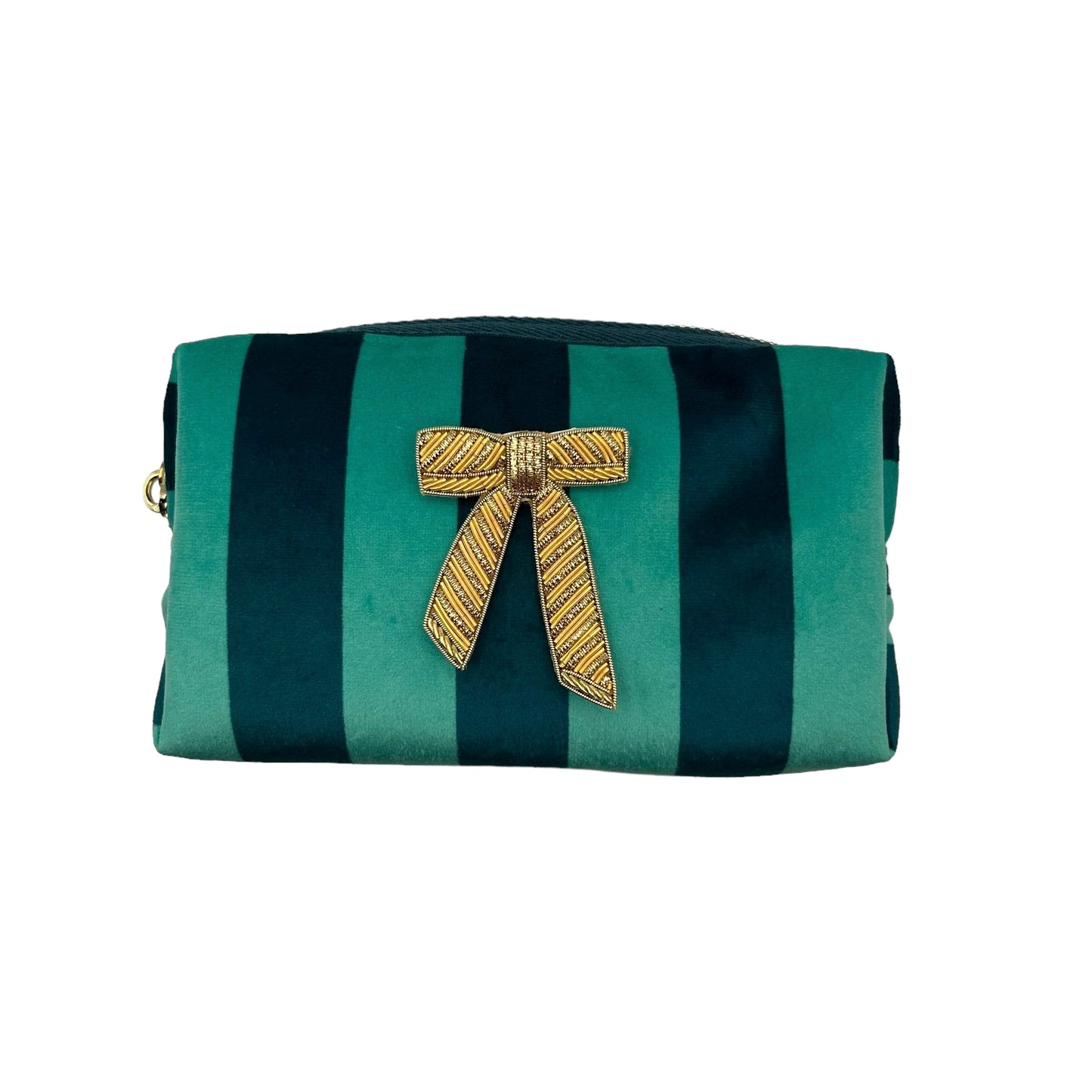 Teal stripe makeup bag with Bow brooch (two sizes)