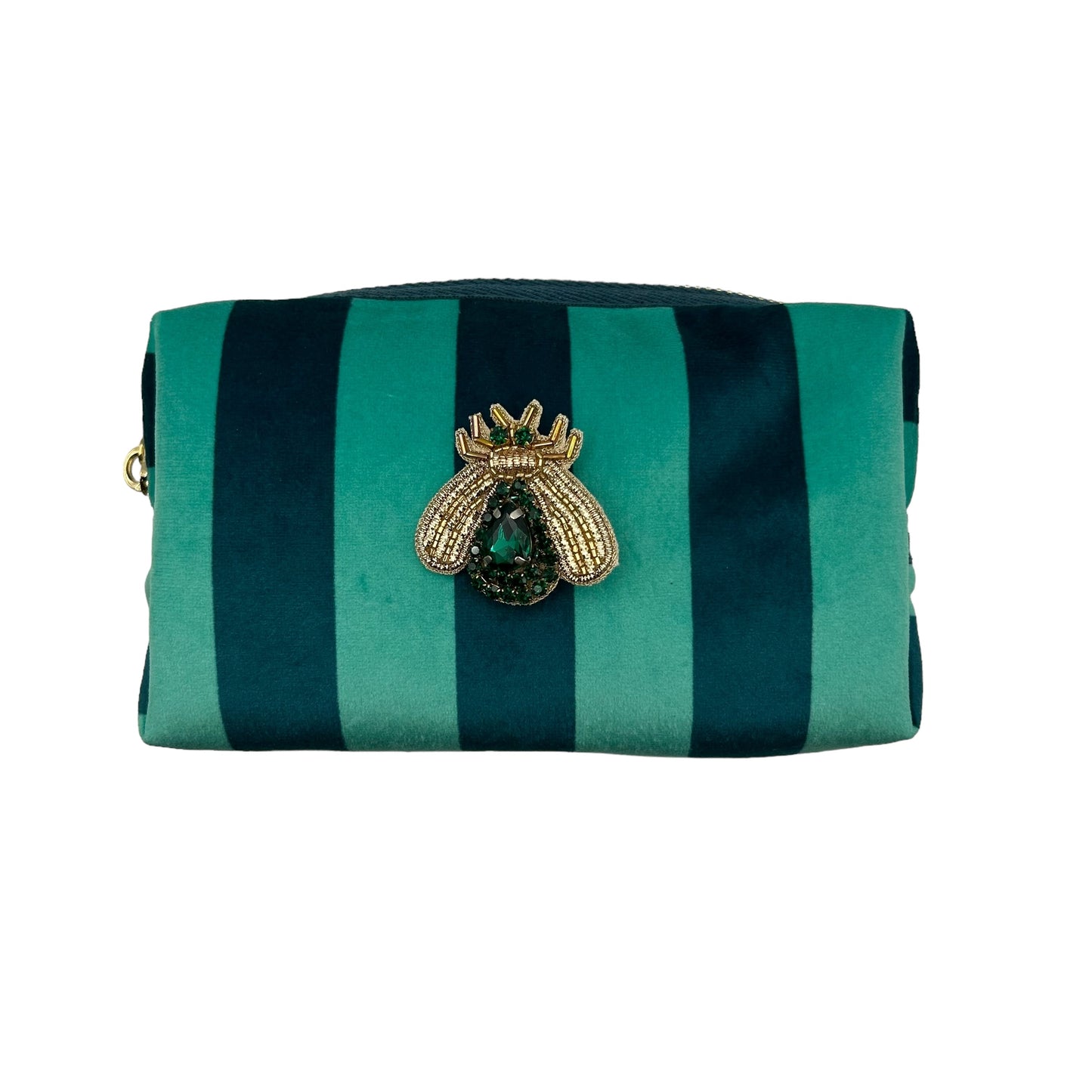 Teal stripe makeup bag with Green Jewelled Insect brooch (two sizes)