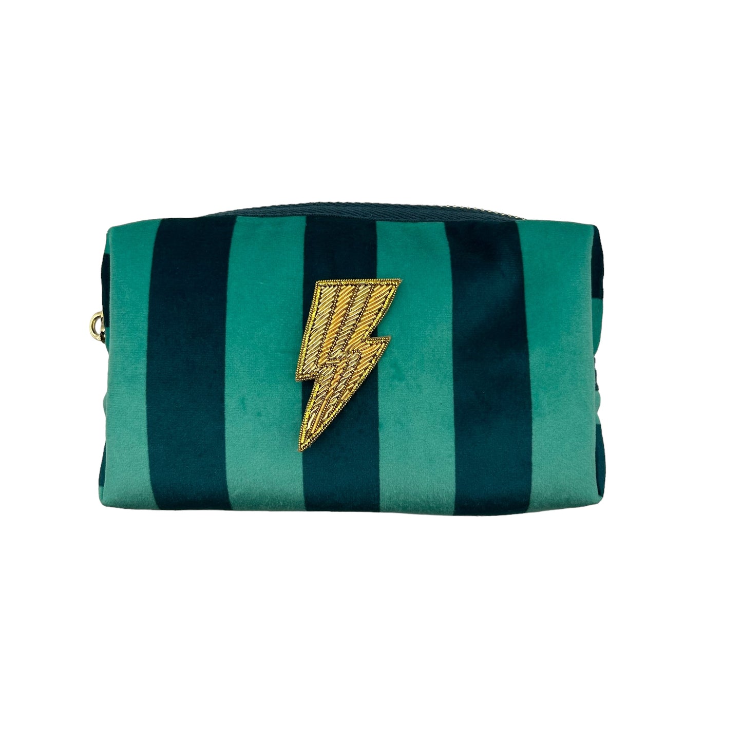 Teal stripe makeup bag with Lightning Bolt brooch (two sizes)