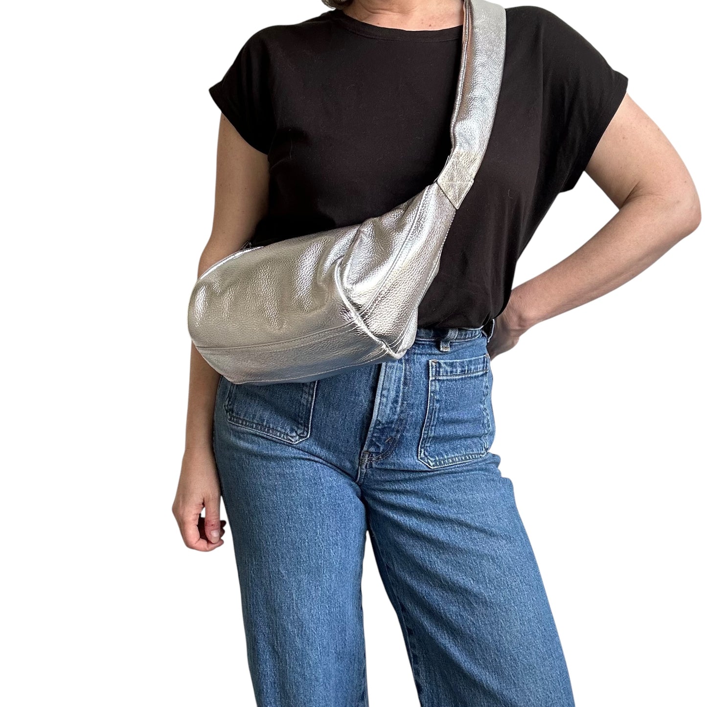 Brixton cross body sling bag - silver leather - small