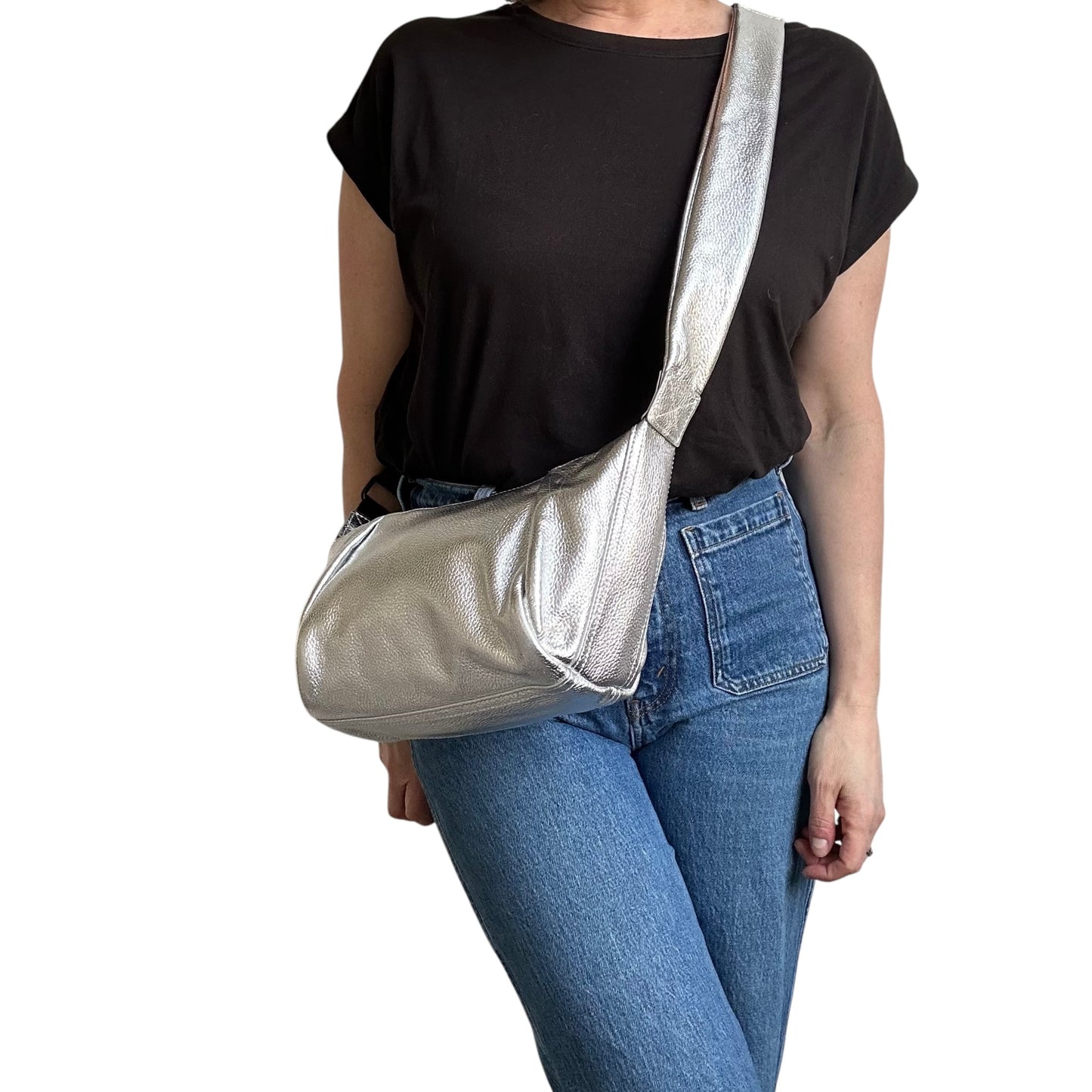 Brixton cross body sling bag - silver leather - small