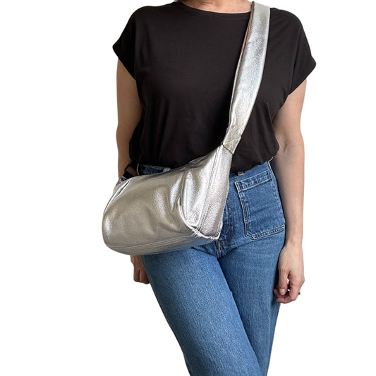 Brixton cross body sling bag - silver leather - small