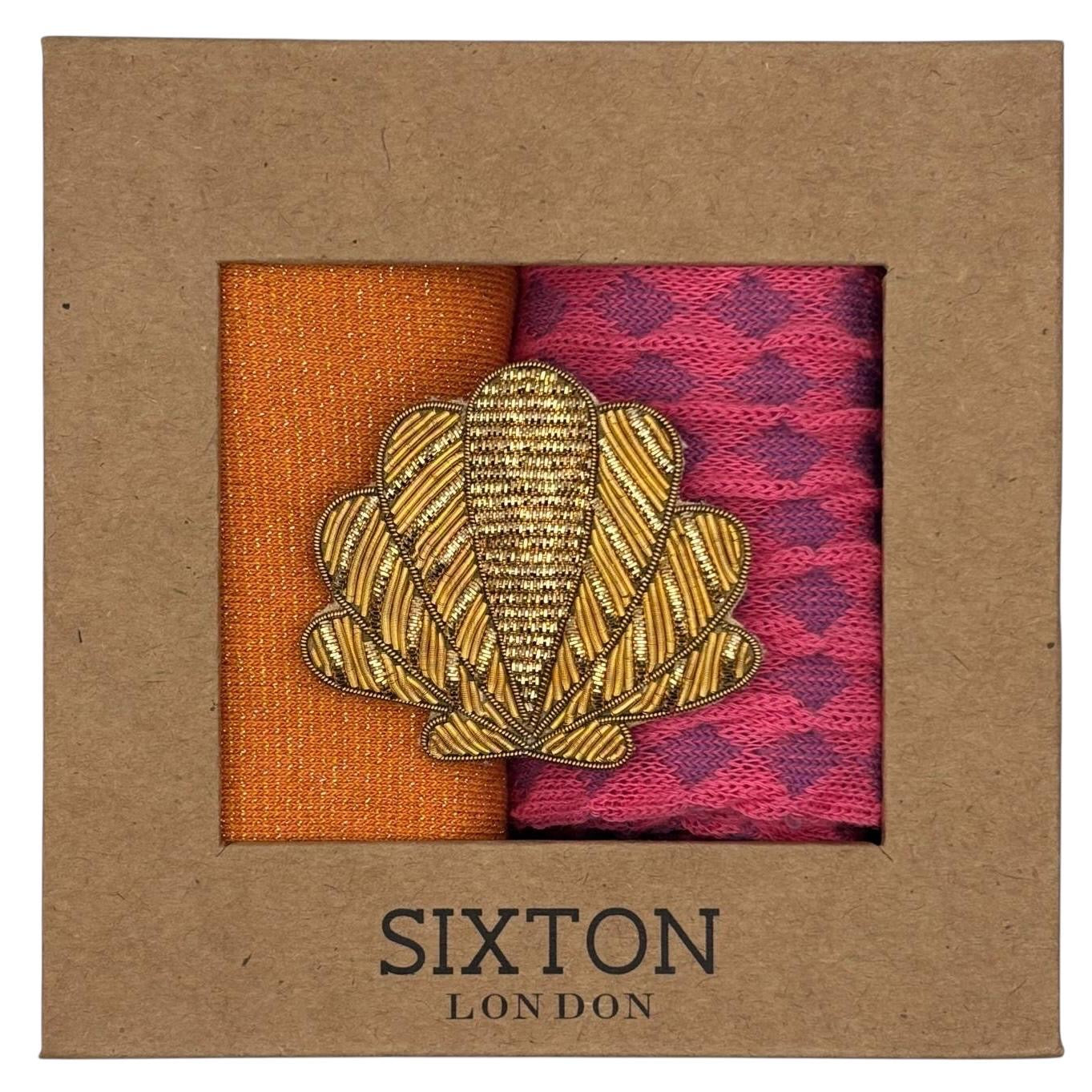 Cantaloupe Tokyo & Pink Estoril sock box duo with embroidered brooch