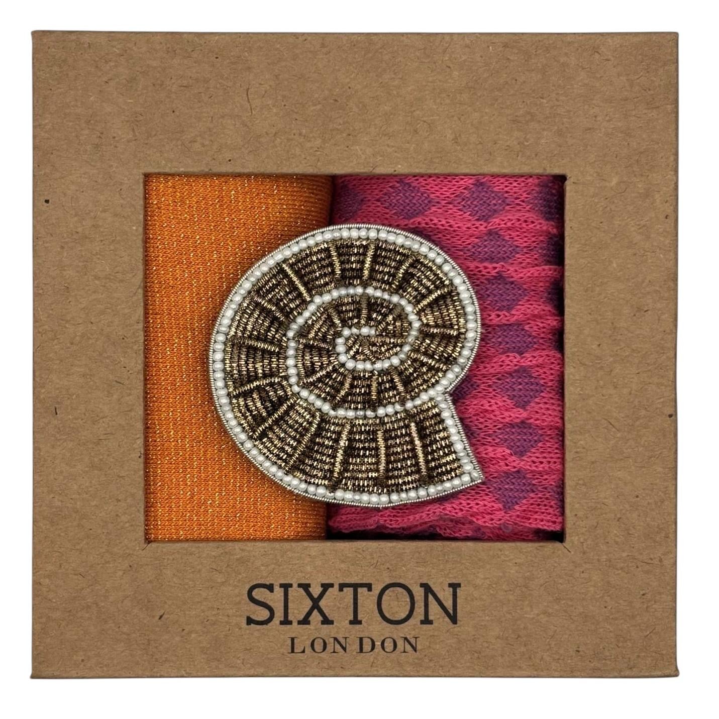 Cantaloupe Tokyo & Pink Estoril sock box duo with embroidered brooch