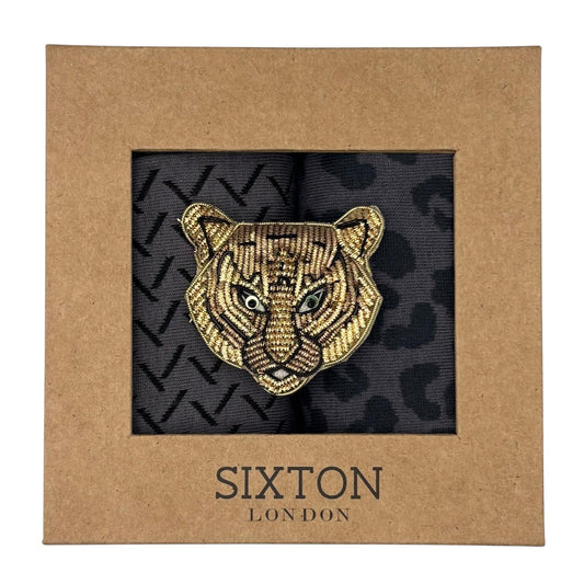 Charcoal Kyoto & Leopard sock box duo with embroidered brooch