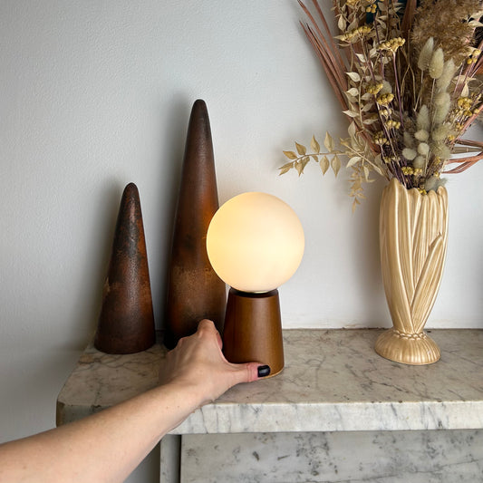 Small Deco Cone Teak style rechargeable touch lamp