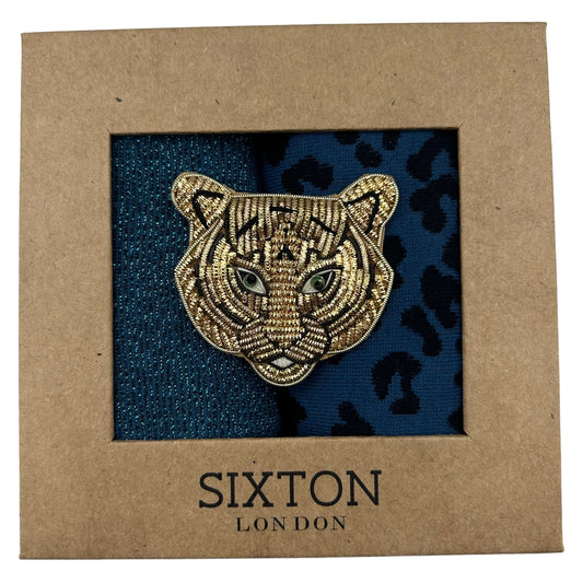 Denim Leopard & Tokyo sock box duo with pin