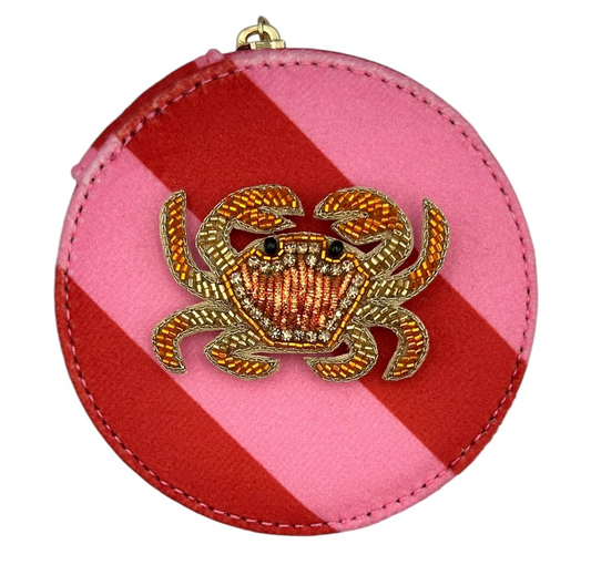 Jewellery Travel Pot in pink stripe - crab brooch