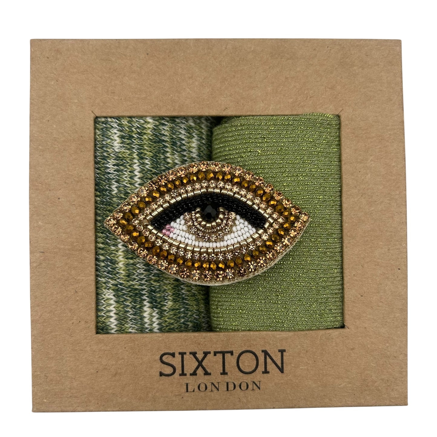 Green Fargo & Pistachio Vegas sock box duo with embroidered brooch