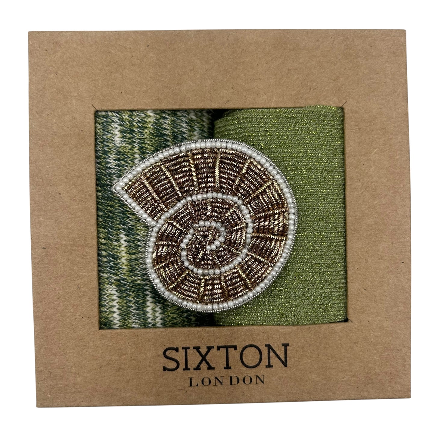 Green Fargo & Pistachio Vegas sock box duo with embroidered brooch