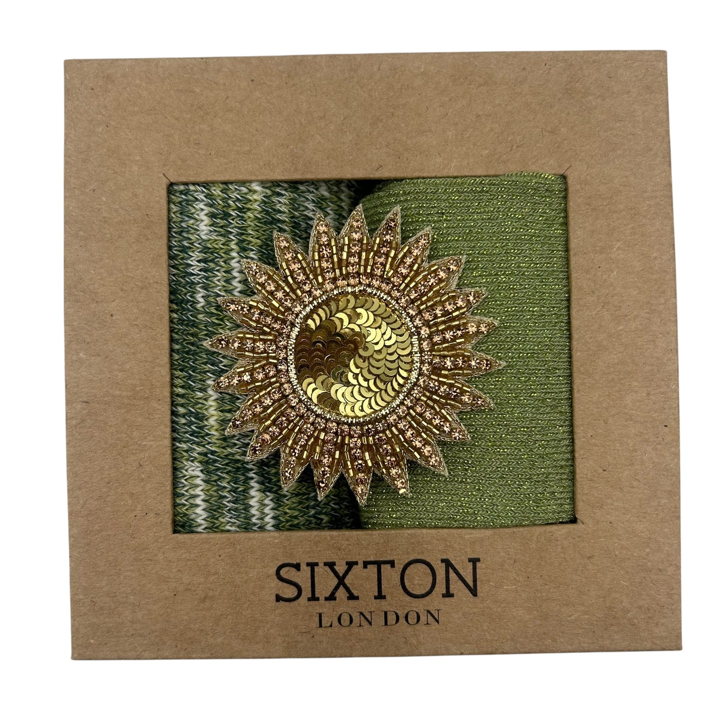 Green Fargo & Pistachio Vegas sock box duo with embroidered brooch