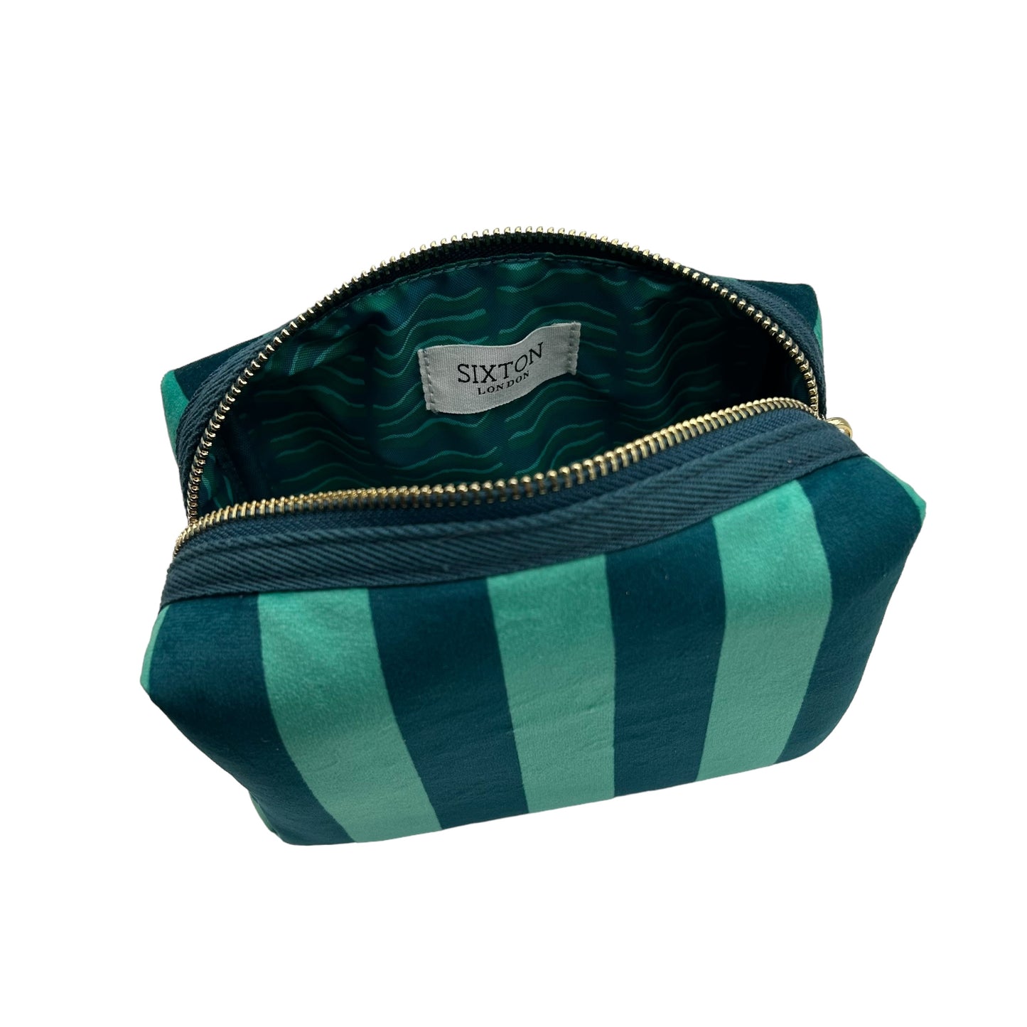 Teal stripe makeup bag with Palm Tree brooch (two sizes)