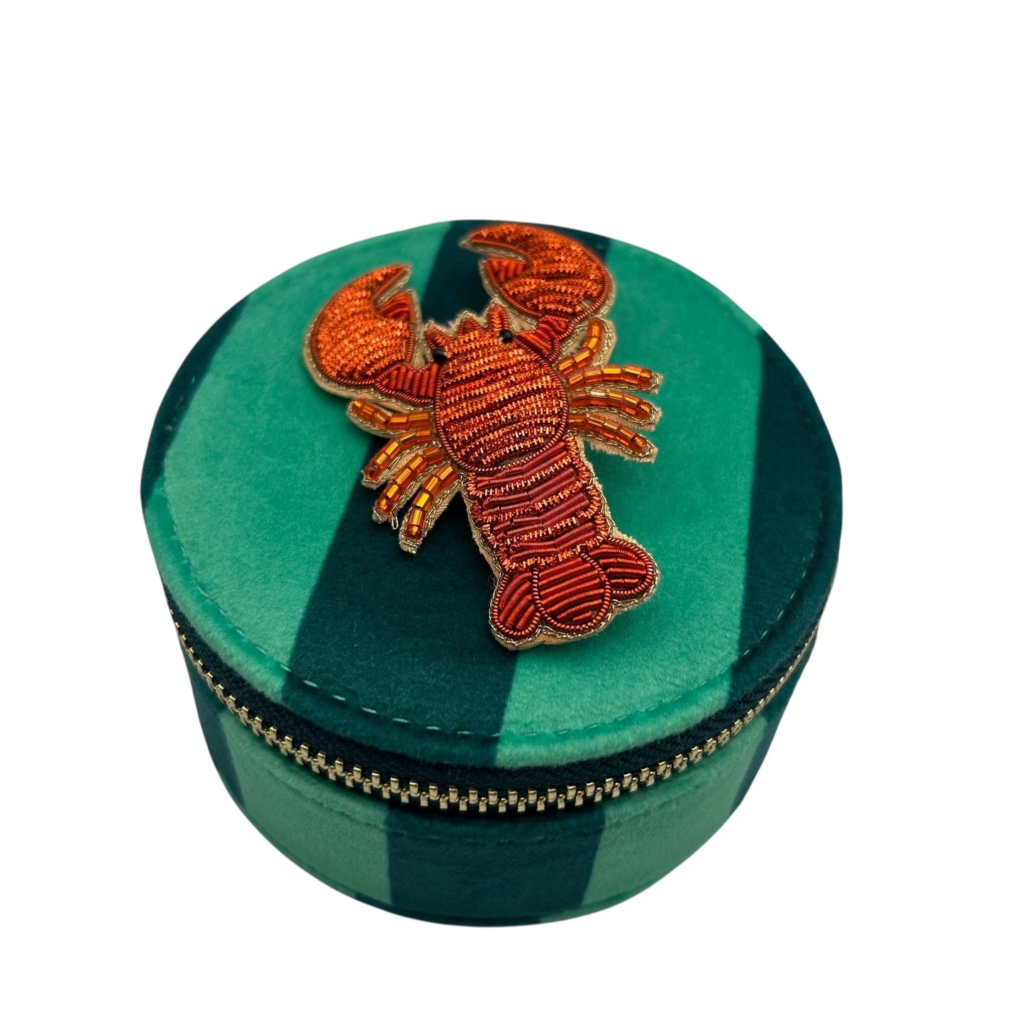 Jewellery Travel Pot in teal stripe - Red lobster brooch