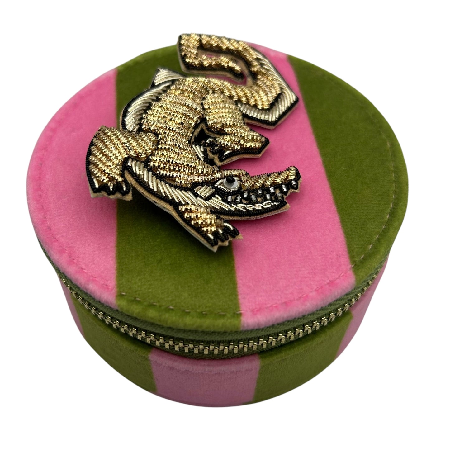 Jewellery Travel Pot in chartreuse stripe - Crocodile pin
