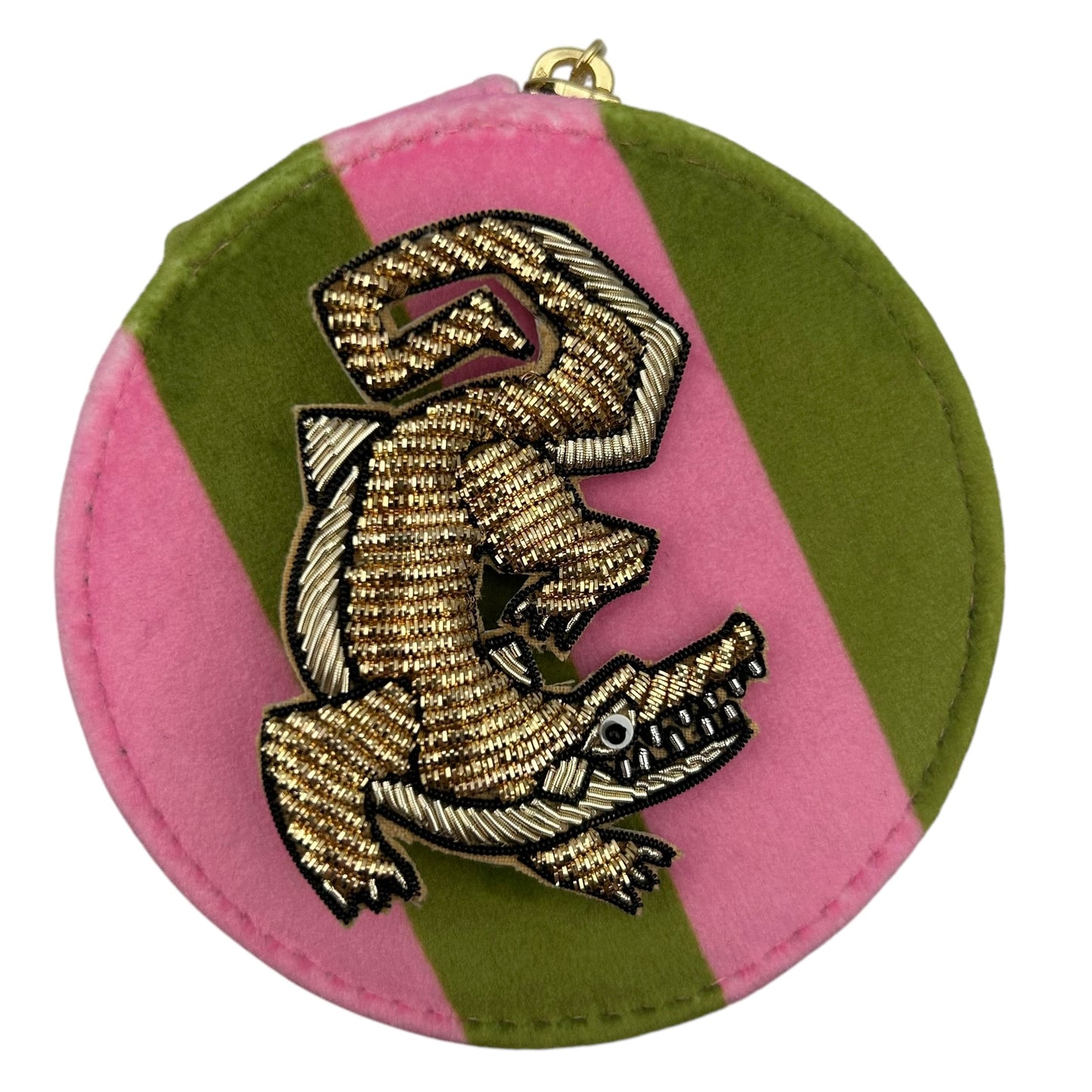 Jewellery Travel Pot in chartreuse stripe - Crocodile pin