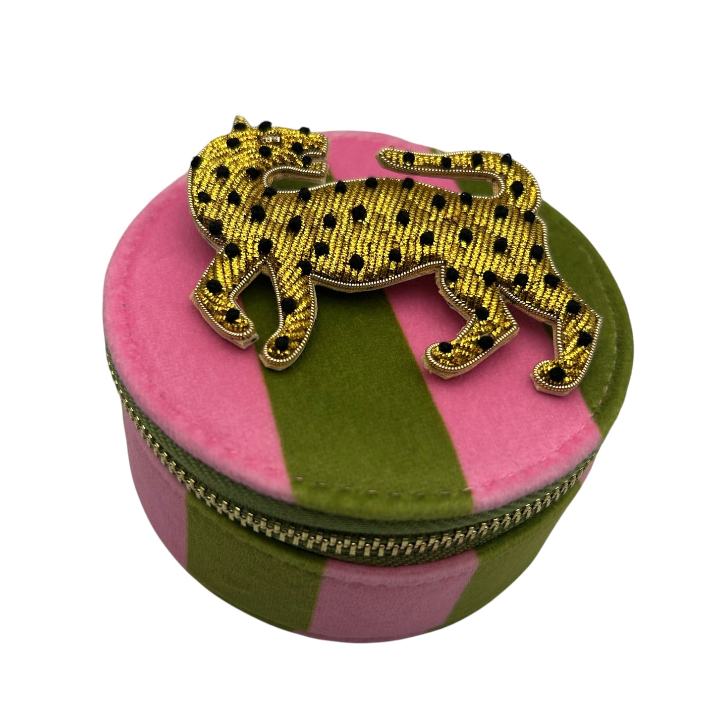 Jewellery Travel Pot in chartreuse stripe - Leopard pin