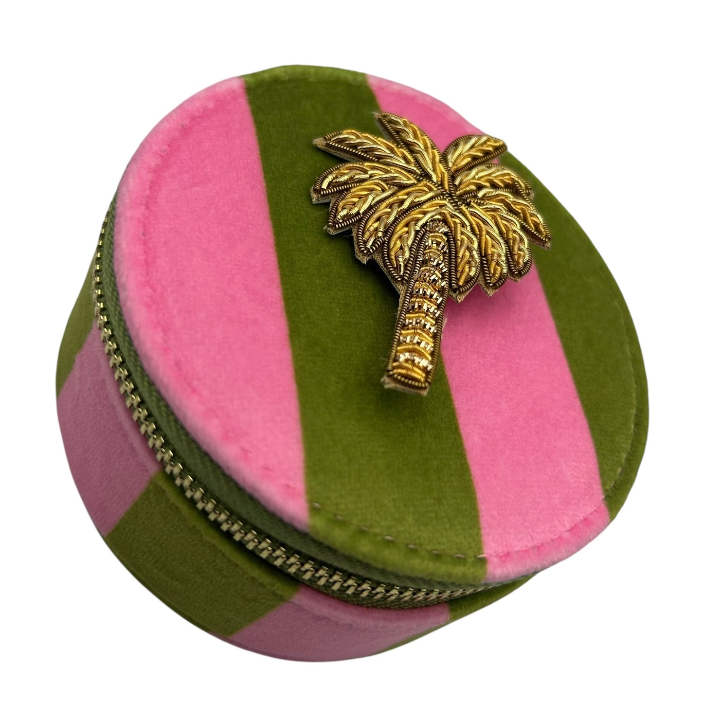 Jewellery Travel Pot in chartreuse stripe - Palm Tree pin