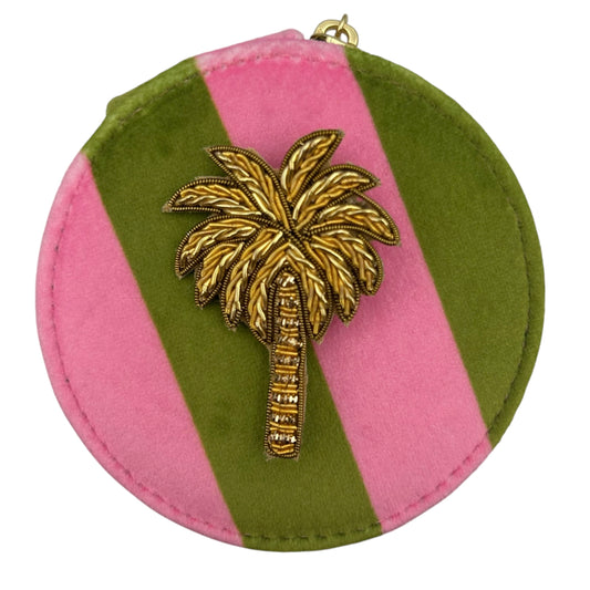 Jewellery Travel Pot in chartreuse stripe - Palm Tree pin