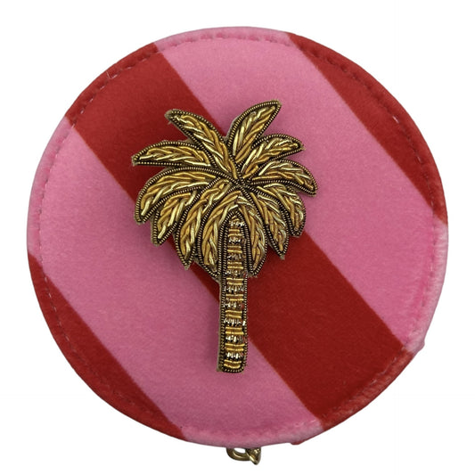 Jewellery Travel Pot in pink stripe - Palm Tree brooch