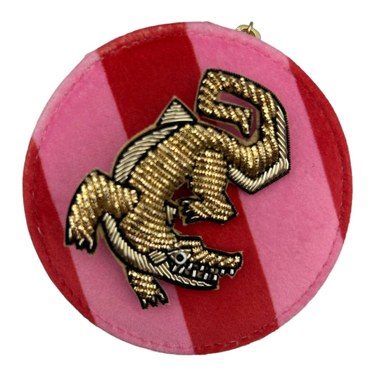 Jewellery Travel Pot in pink stripe - Crocodile brooch