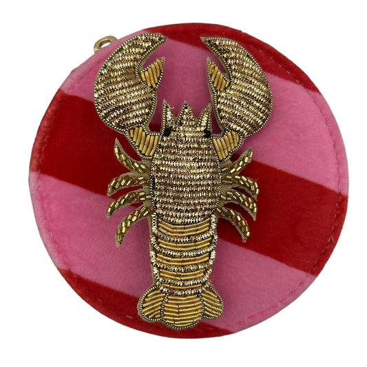 Jewellery Travel Pot in pink stripe - Lobster brooch
