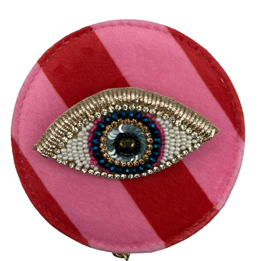 Jewellery Travel Pot in pink stripe - Golden Eye brooch