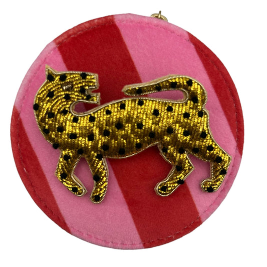 Jewellery Travel Pot in pink stripe - Leopard brooch