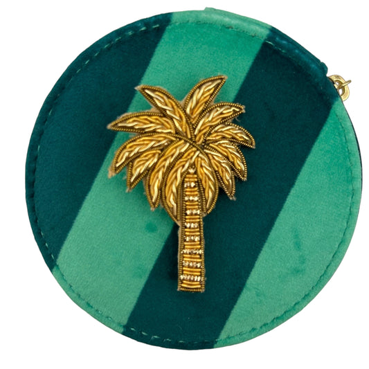 Jewellery Travel Pot in teal stripe - Palm Tree brooch