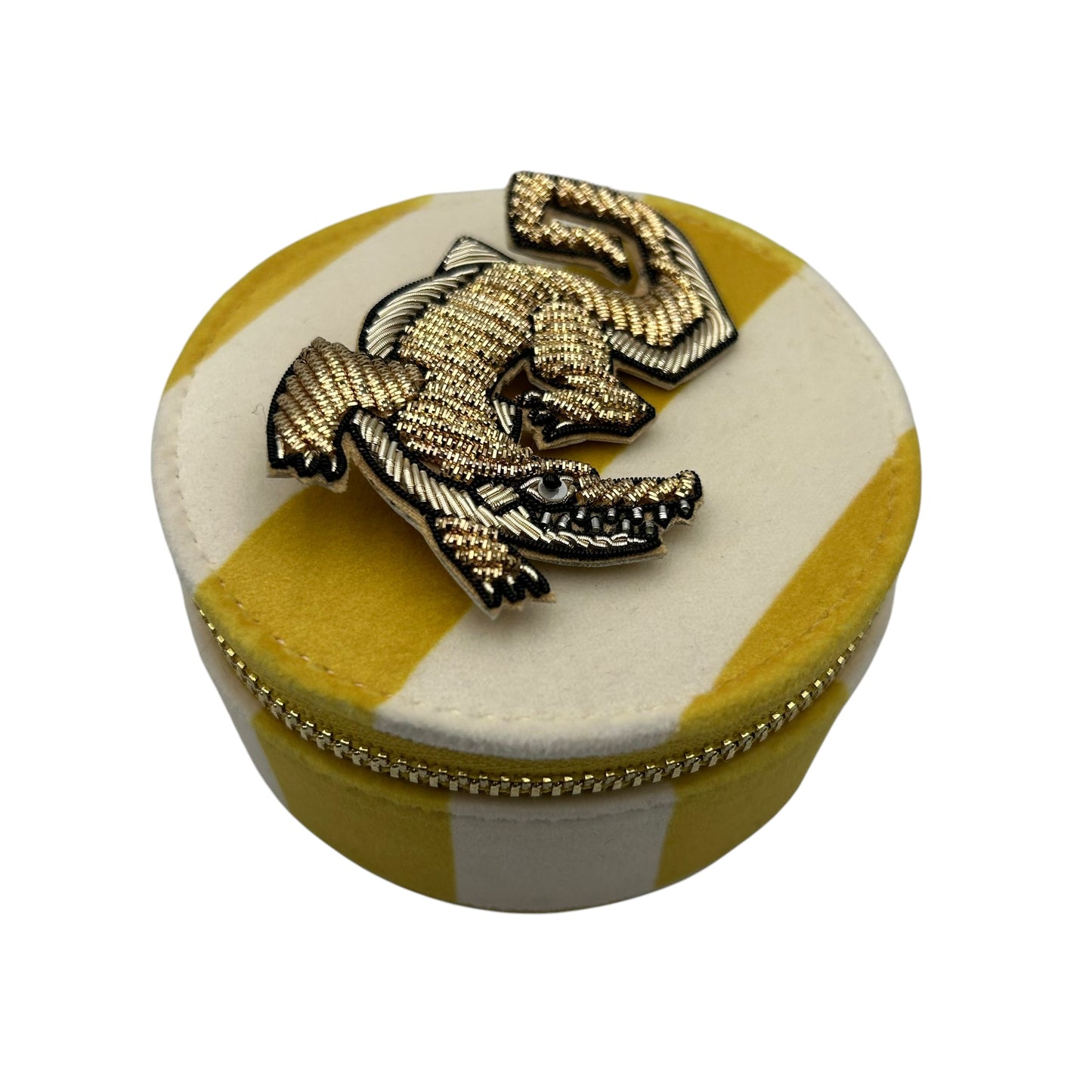 Jewellery Travel Pot in yellow stripe - Crocodile brooch