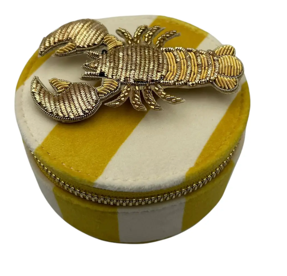 Jewellery Travel Pot in yellow stripe - Lobster brooch