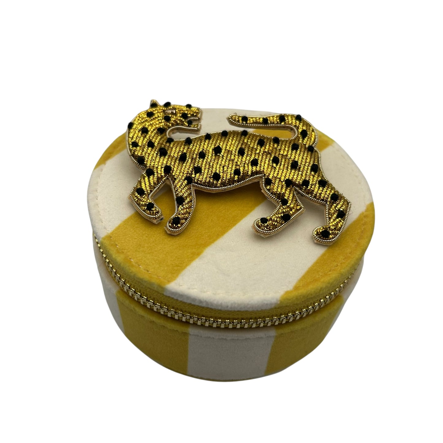 Jewellery Travel Pot in yellow stripe - Leopard brooch