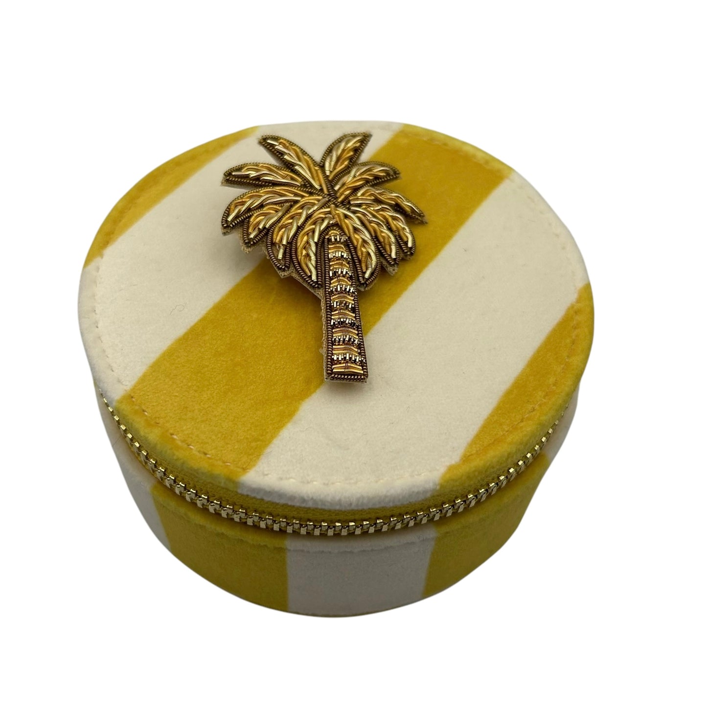 Jewellery Travel Pot in yellow stripe - Palm Tree brooch