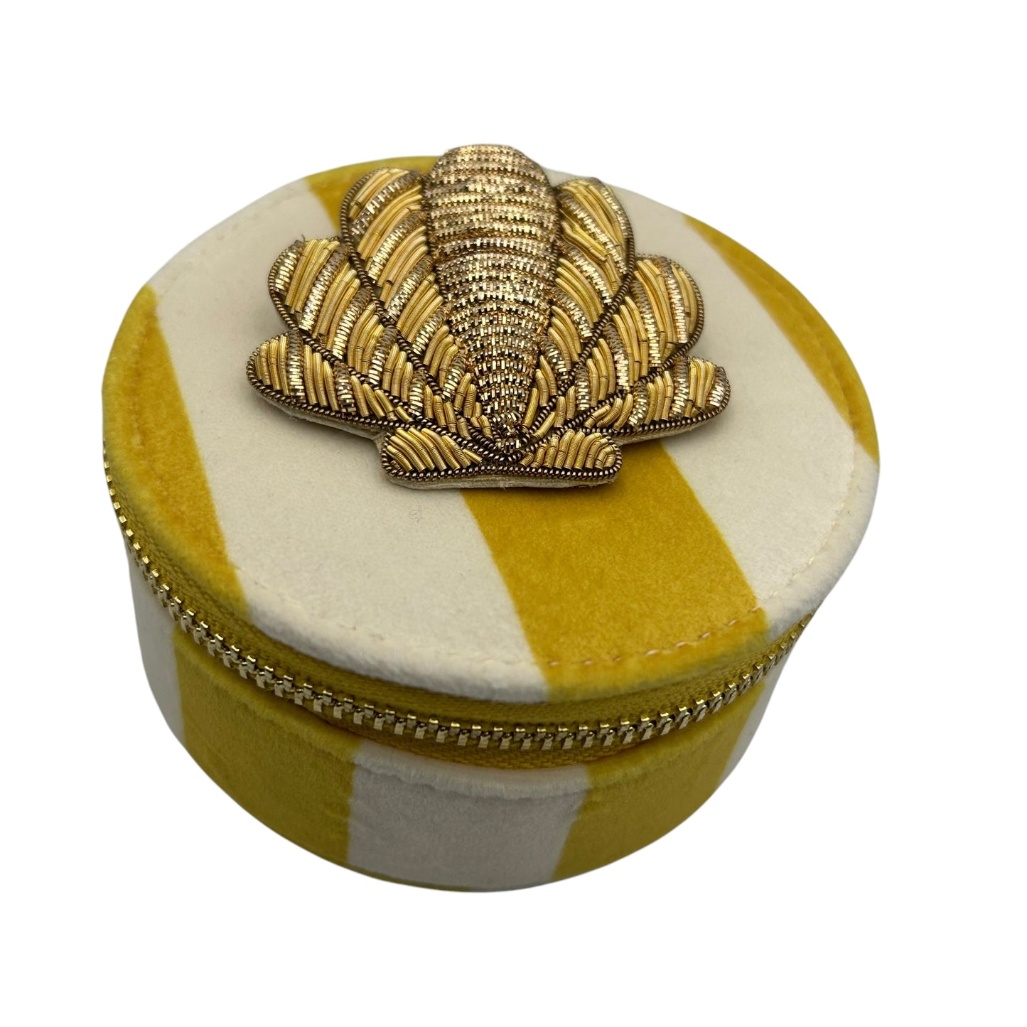 Jewellery Travel Pot in yellow stripe - Shell brooch