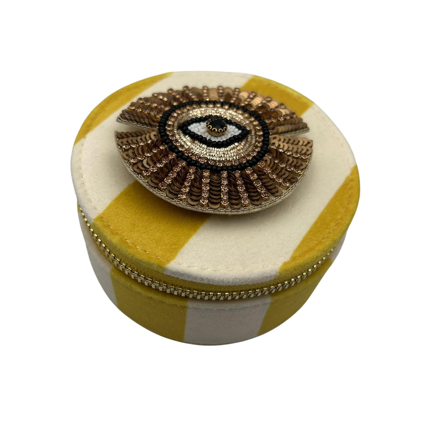 Jewellery Travel Pot in yellow stripe - Sunray Eye brooch