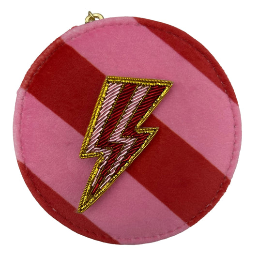 Jewellery Travel Pot in pink stripe - Pink Lightning Bolt brooch