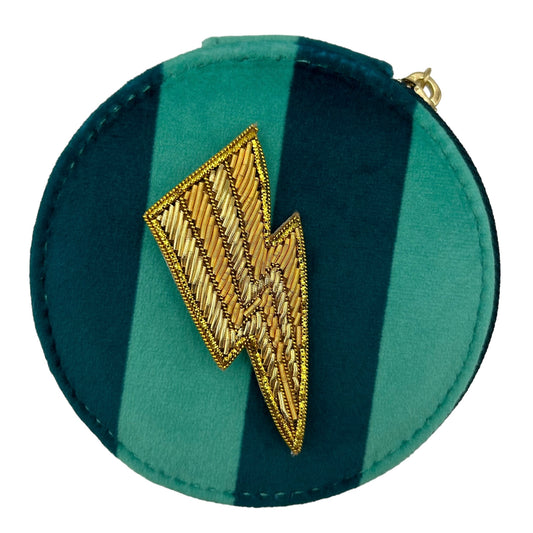 Jewellery Travel Pot in teal stripe - Lightning Bolt brooch
