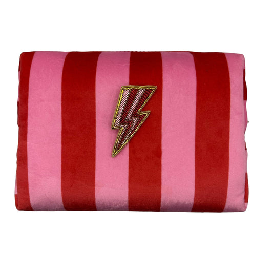 Pink stripe makeup bag with Pink Lightning Bolt brooch (two sizes)